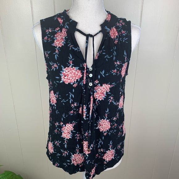 Pink Clover Tops - PINK CLOVER | Black Sleeveless Floral Mahalo Tie